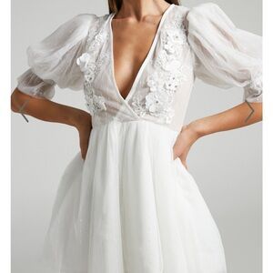 Showpo Akshia Puff Sleeve Floral Detail Dress White Bridal Shower Dress